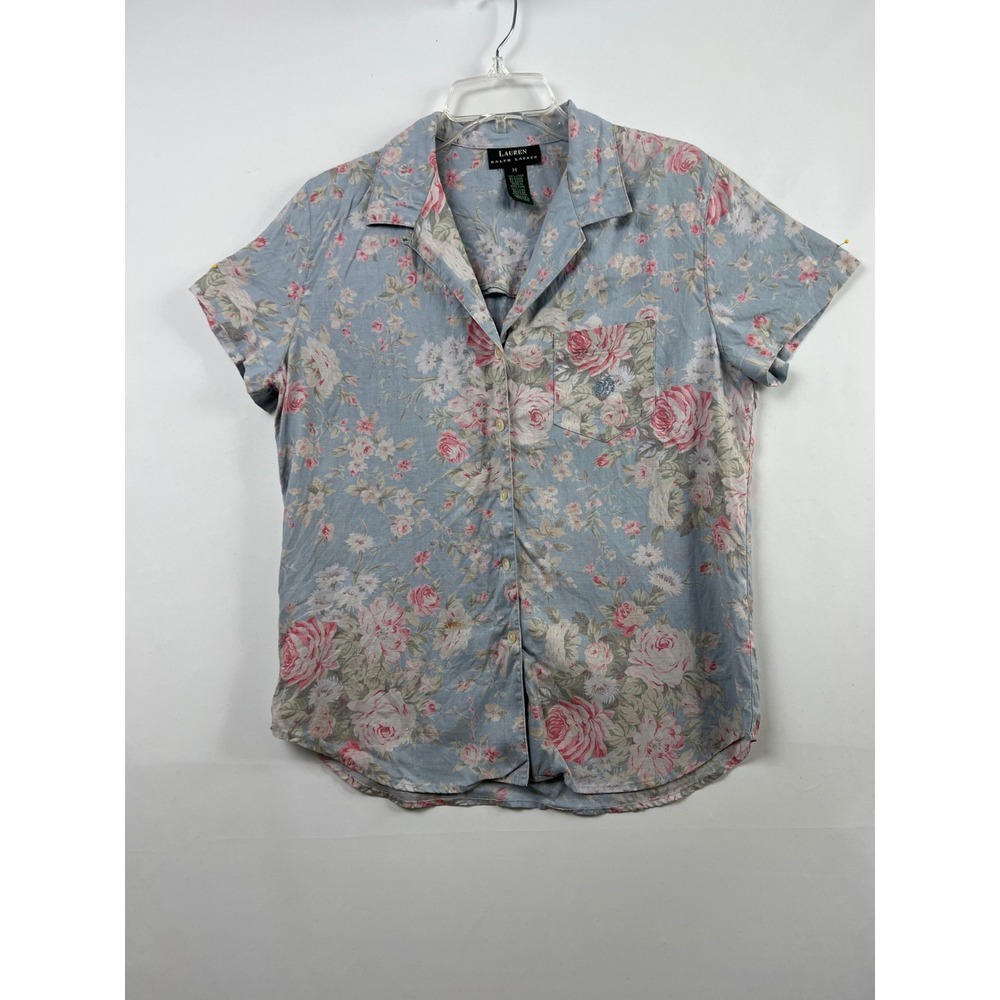 Lauren Ralph Lauren Shirt Womens M Blue Floral Linen Short Sleeve Blouse Cottage